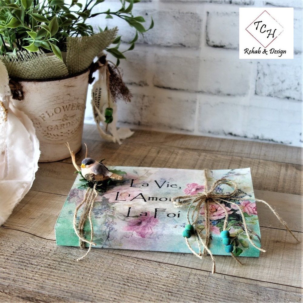 Green and Pink Rose Shabby Chic Decorative Book Decor Songbird Decor French Chic